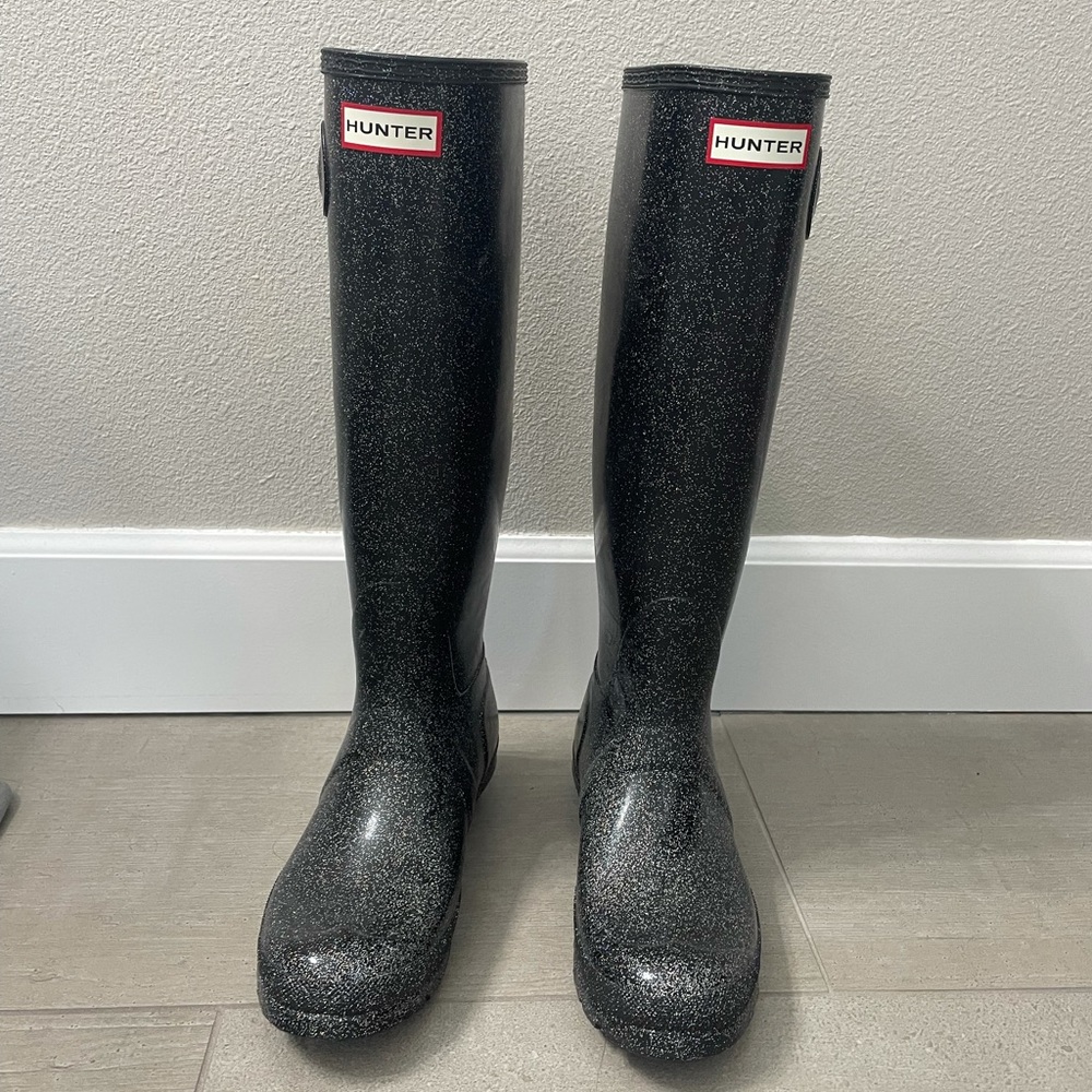 Hunter Black Cosmic Glitter Tall Boots Size 8, Excellent Condition
